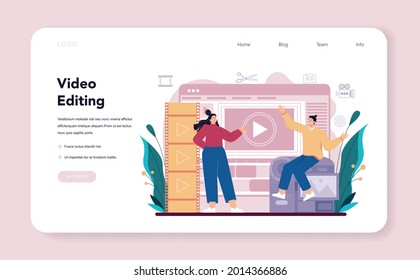 Motion or video designer web banner or landing page. Artist create computer animation for multimedia project. Animation editor, cartoon production. Vector illustration