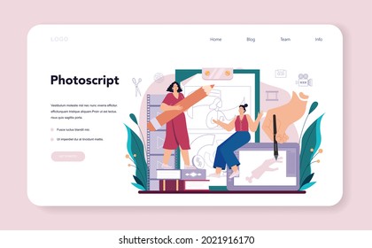 Motion or video designer web banner or landing page. Artist create computer animation for multimedia project. Animation editor, cartoon production. Vector illustration