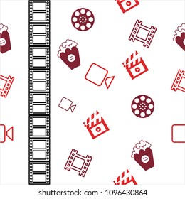 Motion-picture camera, filmstrip, cine-film, film roll vector seamless pattern isolated on white background. Film reel movie element in flat style. Video tape print.