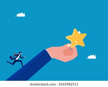 Motivate to do the best work. Businessman running up to the star on the giant hand