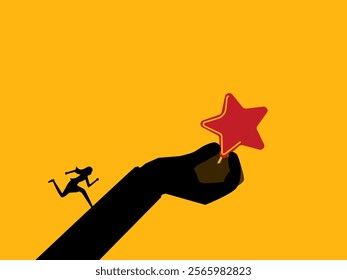 Motivate to do the best work. woman running up to the star on the giant hand