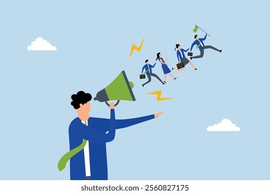 Motivate employee, executive leader communicates through megaphone to advance the team. 