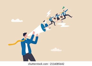 Motivate Employee Or Team To Move Forward To Achieve Target, Inspire Or Guidance Coworkers To Reach Goal, Motivation Or Encouragement Concept, Businessman Boss Speak On Megaphone To Move Team Forward.