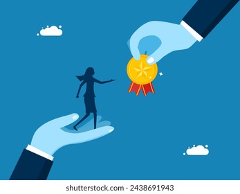 Motivate employees. Businesswoman on big hand receives star medal 