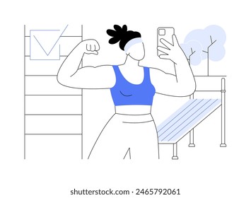 Motivate friends isolated cartoon vector illustrations. Muscular girl takes selfies after workout in the gym and send it to friends, healthy and active lifestyle, doing fitness vector cartoon.