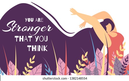 Motivate Lettering Flat Banner You Stronger that Think Woman Power Strength Body Positive Concept Floral Vector Cartoon Plus Size Girl Inspirational Text on Blowing Wind Wavy Long Hair Illustration