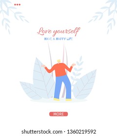 Motivate People Flat Style Page Banner with Inspirational Slogan Love Yourself Text Have Happy Life Concept Vector Admired Guy Character Enjoying Recreation Outdoors Illustration Cartoon Template