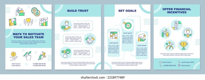 Motivate sales team turquoise brochure template. Engagement. Leaflet design with linear icons. Editable 4 vector layouts for presentation, annual reports. Arial-Black, Myriad Pro-Regular fonts used