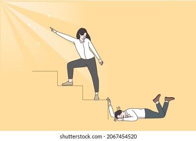 Motivated ambitious happy person reach goal, tired lazy distressed colleague lose hope stay behind. People aim or purpose achievement ways. Weakness and strength. Flat vector illustration. 