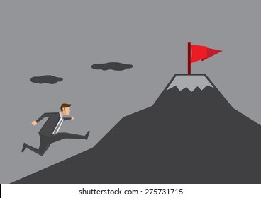 Motivated business professional running up snow mountain with determination for red flag, symbol for victory. Creative vector illustration for effort towards business goal concept.