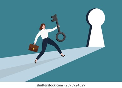 Motivated business woman holding big key and try to unlock keyhole. Ambitious female character running to entrance. Leadership, career growth, business solution concept, solving problem. flat vector