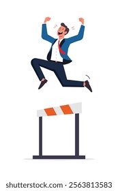 Motivated businessman in formal attire successfully jumps over a hurdle, symbolizing overcoming challenges, achieving goals, resilience, and determination in the professional world