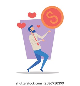 Motivated businessman joyfully balancing large coin while expressing excitement. Success in business concept