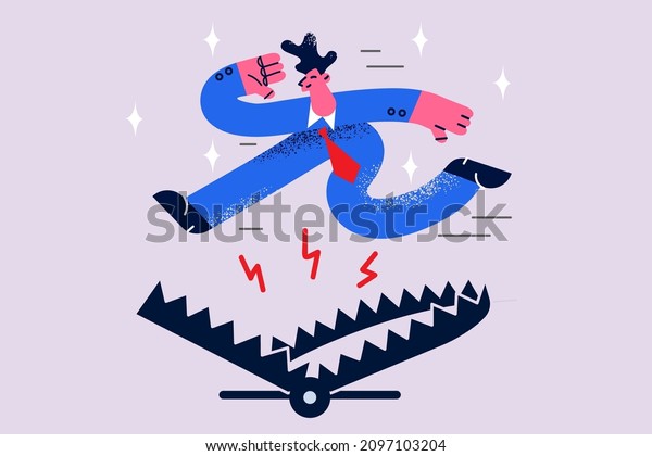 Motivated businessman jump over open trap involved in
risky business project or deal. Male employee or worker risk career
strive for goal achievement or success. Flat vector illustration.
