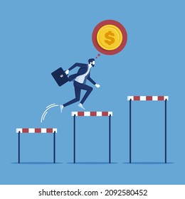 motivated businessman jumping over obstacles for big money and profit overcomes obstacles and achieves success concept