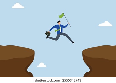 motivated businessman leaps across chasm to reach business goal.