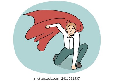 Motivated businessman in superhero costume feel powerful and decisive. Smiling young male employee in mantle ready for goal achievement and success. Vector illustration.