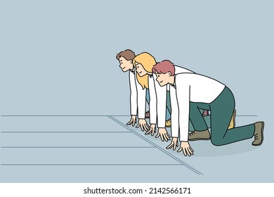 Motivated Businesspeople Stand At Starting Position Ready For Sprint Run. Confident Diverse Employees Or Clerks Compete For Better Position. Work Rivalry Or Competition. Flat Vector Illustration. 