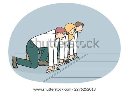 Motivated businesspeople stand at starting position ready for sprint run. Confident diverse employees or clerks compete for better position. Work rivalry or competition. Flat vector illustration.