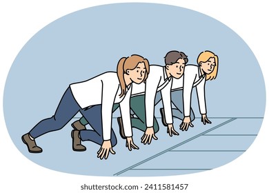 Motivated businesspeople at start at stadium prepared for running contest. Employees or colleagues ready for race. Rivalry and competition. Vector illustration.