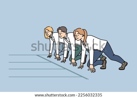 Motivated businesspeople at start at stadium prepared for running contest. Employees or colleagues ready for race. Rivalry and competition. Vector illustration. 
