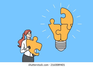 Motivated businesswoman finish lightbulb with jigsaw puzzle solve business problem. Happy woman brainstorm involved in creative thinking find solution. Vector illustration. 