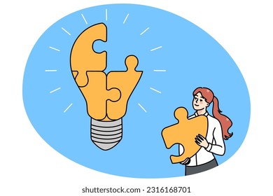 Motivated businesswoman finish lightbulb with jigsaw puzzle solve business problem. Happy woman brainstorm involved in creative thinking find solution. Vector illustration.