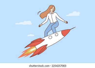Motivated businesswoman flying on rocket strive for career success and accomplishments. Successful female employee on spacecraft fly to goal or aim. Vector illustration. 