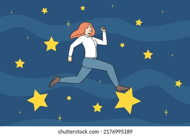 Motivated Businesswoman Running On Stars Strive For New Career Achievements. Happy Confident Woman Employee Jump To Goal And Target. Vector Illustration. 