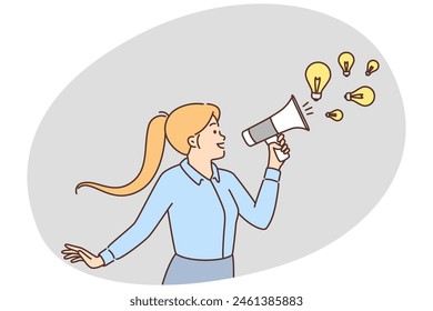 Motivated businesswoman scream in megaphone with lightbulbs. Smiling female employee with loudspeaker generate business ideas. Vector illustration.