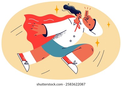 Motivated businesswoman in superhero costume run strive for career goal achievements. Smiling woman employee in hero uniform show motivation and leadership. Vector illustration.