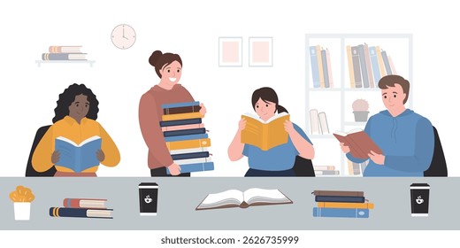 Estudantes universitários motivados sentados à mesa e lendo livros. Desenhos animados de personagens multiétnicos estudando literatura juntos. Lição, leitura. Interessante educação. ilustração vetorial