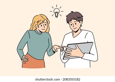 Motivated diverse employees use tablet brainstorm develop business strategy or plan together. Smiling man and woman generate business idea online on pad. Teamwork concept. Vector illustration.