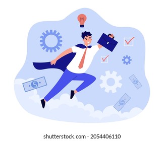 Motivated employee flying in sky like superhero. Happy businessman striving for business success. Goal achievement, innovation, breakthrough concept. Cartoon flat vector illustration.