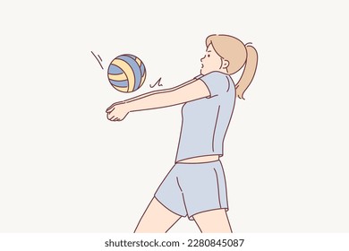 Motivated female athlete play volleyball. Woman in uniform enjoy sportive activity with ball. Hobby and leisure. Vector illustration. 