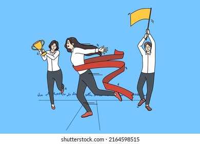 Motivated female employee feel euphoric cross finish line reach business goal. Excited woman worker achieve career target or aim. Way to victory. Winner and success. Vector illustration. 