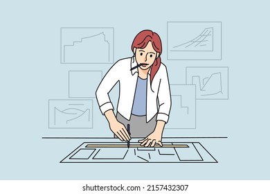 Motivated girl drawing on paper homeschooling or preparing for exam. Young woman architect draw develop project for client or customer. Architecture and education. Vector illustration. 