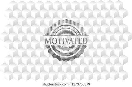 Motivated grey emblem with geometric cube white background