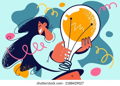 Motivated happy young woman holding lightbulb excited with creative innovative business idea. Smiling female get problem solution or find answer. Vector illustration. 