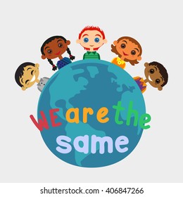 Motivated illustration of nations friendship United Kids. Multinational, multicultural unity sign symbol Concept. Children of different countries ethnicity are united friends. Vector illustration.