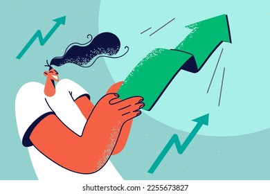 Motivated male employee with arrows facing up excited about business growth. Smiling man demonstrate success and development. Motivation. Vector illustration. 