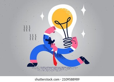 Motivated male employee hold lightbulb brainstorm generate creative business idea. Happy businessman involved in thinking. New startup or project implementation or launch. Vector illustration. 