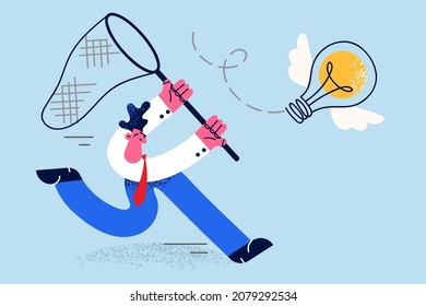 Employé masculin motivé à la recherche d'idées commerciales créatives. Un homme d'affaires tient une ampoule volante de capture nette, cherche une solution au problème. Brainstorm, concept d'innovation. Illustration vectorielle. 