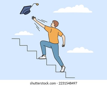 Motivated male student going upstairs for university hat achievement. Confident man strive for college or school graduation cap. Education concept. Vector illustration. 