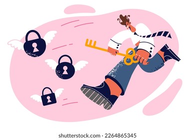 Motivated man with key runs after flying padlocks symbolizing business task that needs to be solved. Motivated businessman happily getting ready to tackle work task to generate additional profit