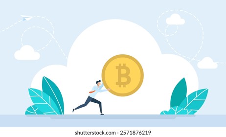 Motivated man running and found profit from crypto currency. Businessman running away with bitcoin. Man in business wear hurrying with big coin. Institution buying crypto currency. Vector illustration