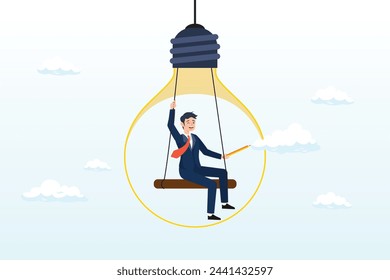 Motivated man sitting on swing inside lightbulb idea using pencil drawing cloud, creativity and imagination to create content, writer or creator inspiration for new idea, think and brainstorm (Vector)