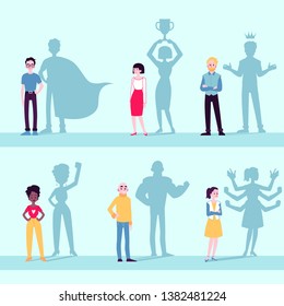 Motivated people icon set with superhero shadows flat vector concept for business illustration isolated on white background. Leadership ambitions and power challenge.