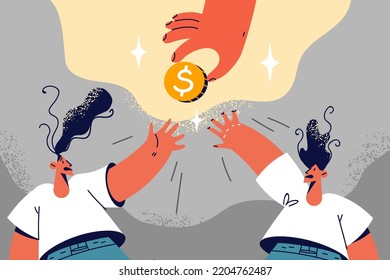 Motivated People Jump For Easy Money From Huge Hand Giving. Man And Woman Strive For Finances, Compete For Golden Coin. Vector Illustration. 