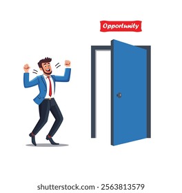 Motivated professional stepping through a doorway labeled "Opportunity," symbolizing career growth, new beginnings, and success in business ventures